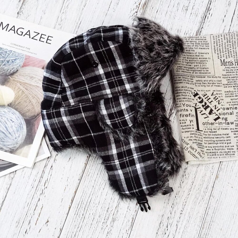 Men Black Plaid ONWAY Faux Fur Trapper Hat Cozy Winter Ear Flaps Hat - Picture 3 of 6